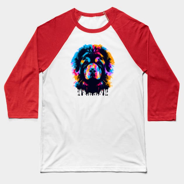 Fluffy Tibetan Mastiff Dog Colorful Ink Drip Art Baseball T-Shirt by Furrban